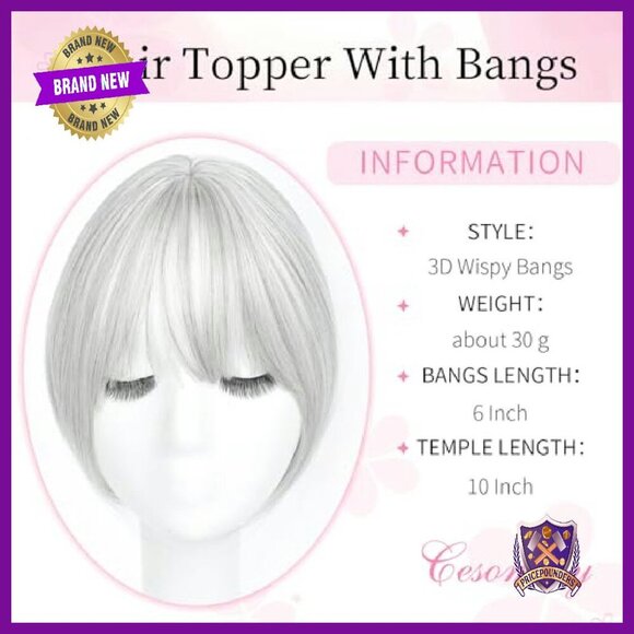 10 Inch Clip-In Hair Topper with Bangs for Thinning Hair, Synthetic Fiber main image 6